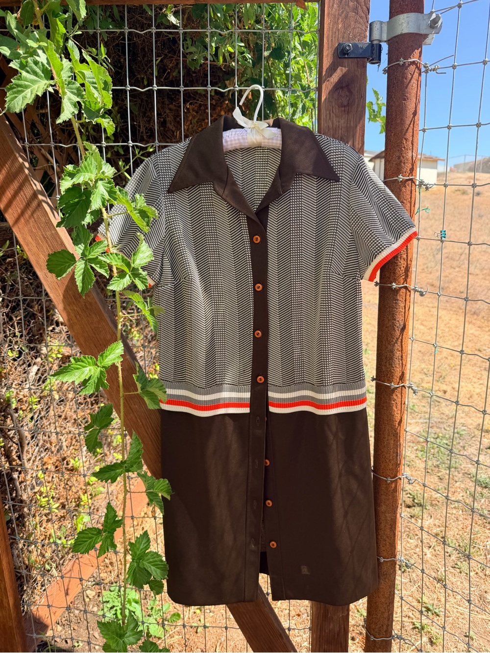 Vintage Brown and Cream Short-Sleeve Midi Dress